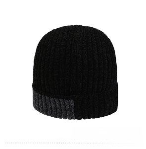 Back view of a black knit beanie with thick vertical stripes and cuffed hem detail