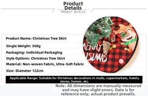 Detail of red and black buffalo plaid Christmas tree skirt with reindeer pattern and 122cm size