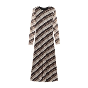 Plaid Mesh Maxi Dress Women Long Sleeve Round Neck Slim Fit Vintage Elegant Sheer Polyester Dress