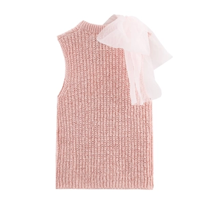 Pink sleeveless knit top with large white tulle bows on the shoulders in central view