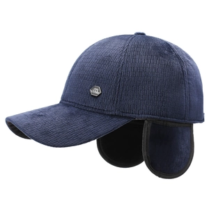Navy blue corduroy baseball cap with ear flaps and metal logo for winter warmth