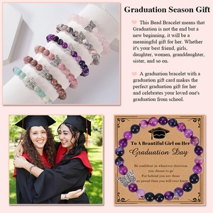 8mm purple agate natural stone bracelet with butterfly pendant and graduation gift card