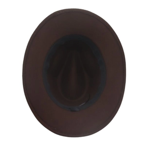 Internal view of brown felt cowboy hat showing durable inner band and fine stitching