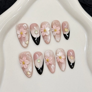 Handmade Press On Nails 3D Flower Carving Pink Cat Eye French Almond Style Rhinestone Elegant Long False Nails