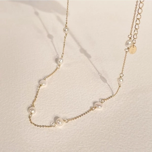 Elegant 925 sterling silver gold-plated thin chain necklace with white freshwater pearls