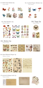 Dettaglio degli adesivi vintage con funghi e farfalle per forniture di carta scrapbooking