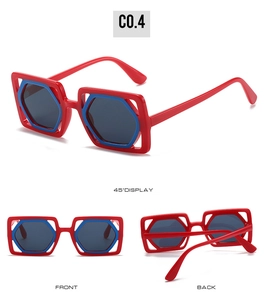 Three-angle display of square sunglasses featuring red and blue hollow nested frames