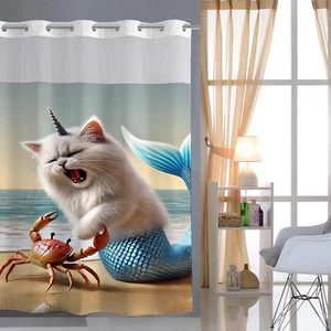 Close-up of white waffle shower curtain featuring creative unicorn cat and crab beach print