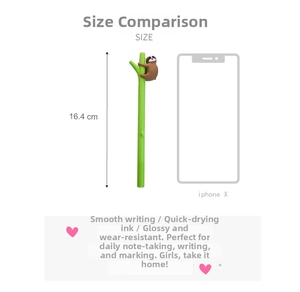 Detail showing cartoon sloth gel pen next to a phone for size comparison at 16.4 cm