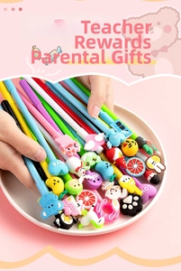 Close-up of assorted colorful cartoon gel pens featuring cute 3D silicone animal charms