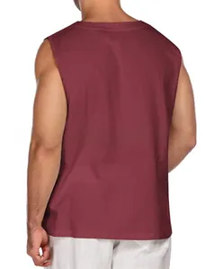 Detail view of the back of a men's sleeveless cotton linen shirt in deep burgundy red color