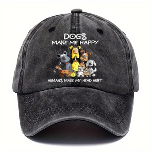 Washed black denim baseball cap with funny dog illustration and slogan embroidery