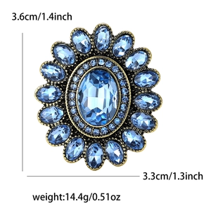 Spilla vintage a girasole con cristalli blu in lega di bronzo con dimensioni incluse