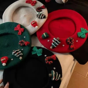 Festive wool beret set with Christmas tree, bow, and candy cane decorations for women