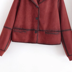 Women's vintage burgundy micro-suede jacket with lapel and button closure details