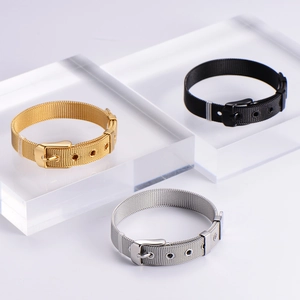 Adjustable 10mm wide stainless steel mesh bracelet with buckle in gold, black, and silver