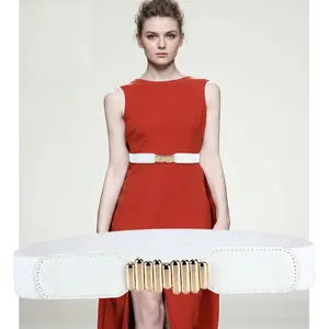 Women's white elastic waist belt with gold metallic buckle for dresses and coats