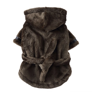 Cute dark brown plush hooded bathrobe for dogs and cats with soft fleece texture
