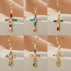 Copper Cross Pendant Necklace With Colored Zirconia Evil Eye Personalized Design Gold Silver Electroplated Fashion Jewelry For Women