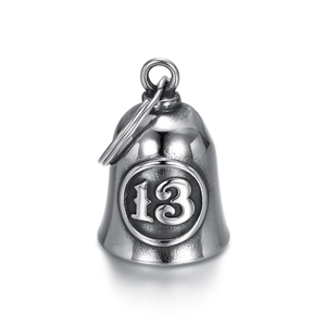 Vintage punk silver steel motorcycle guardian bell with embossed number 13 on white background
