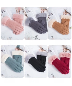 Winter thermal suede gloves for women in six colors with faux fur trim and touch screen