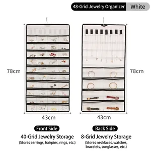 Double-sided white 80-pocket hanging jewelry organizer for necklaces and watches