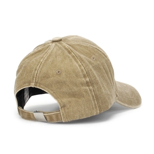 Detail of adjustable metal buckle and vintage washed khaki cotton fabric on kids baseball cap