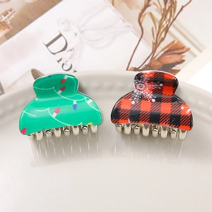 Christmas acrylic hair claw set with festive green bulb pattern and red plaid snowflake design