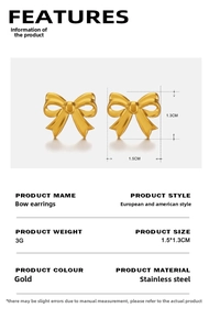 Detailed spec sheet showing 18K gold plated bow stud earrings dimensions and material
