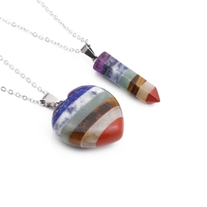 Seven chakra layered stone necklaces with heart and hexagonal pillar crystal pendants