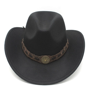 Classic black wool cowboy hat featuring a braided brown band and bronze star emblem