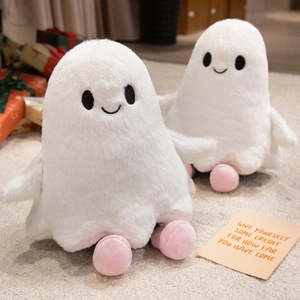 Cute white ghost plush toys with fluffy texture and embroidered faces for Halloween gift