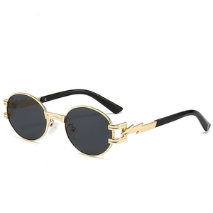 Steampunk Oval Sonnenbrille mit Goldrahmen und einzigartigem Blitz-Design am Bügel