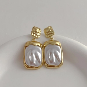 Golden geometric resin cube drop earrings with baroque pearl finish and S925 silver pins