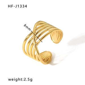 Macro view of gold layered open ring showing 8mm width and 2.5g weight detail