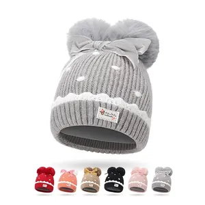 Kids Knitted Beanie Hat Cute Warm Faux Fur Double Pom Pom Velvet Bow Ear Protection Stretchy Cotton Blend Soft Winter