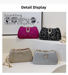 Detail showing glitter evening clutch bags with horseshoe crystal buckle and chain straps