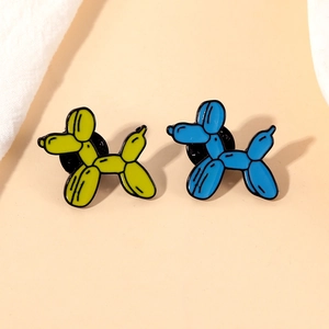 Cartoon enamel dachshund badges in yellow and blue metal, creative balloon dog brooch set