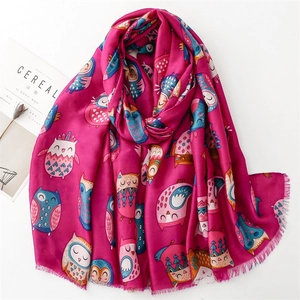 Fuchsia cotton linen scarf with colorful owl patterns and decorative fringe edges