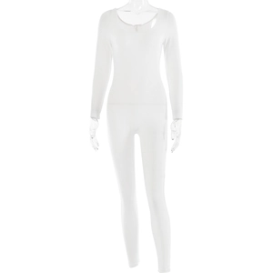 Front view of white long-sleeve slim-fit jumpsuit with U-neck on a clear model