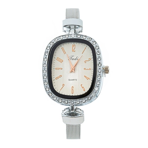 Elegant women's quartz watch with rhinestone oval case and silver mesh strap