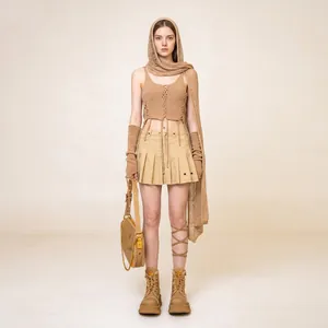 Mini-jupe cargo plissée kaki vintage de style tactique désert avec effet délavé