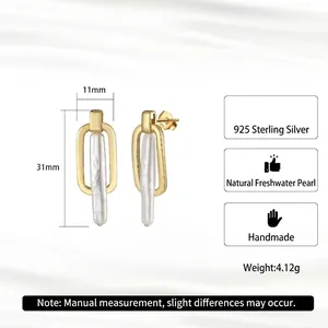 925 sterling silver gold earrings featuring natural freshwater baroque pearls and rectangle links