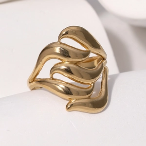 Detailed view of the layered leaf wave pattern on this polished 18k gold plated ring