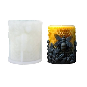 3D bee and honeycomb silicone candle mold with finished detailed floral relief candle