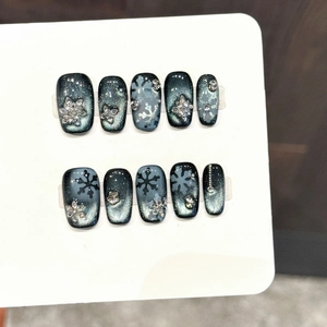 Handmade Winter Snowflake Press On Nails Cat Eye Dark Blue Gradient Long Square Rhinestone Reusable False Nails