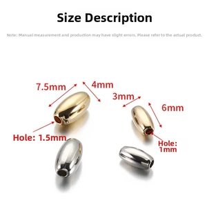 Detailed size chart for gold and silver oval tube beads showing 6mm and 7.5mm dimensions