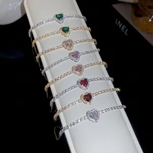 Heart Shaped Cubic Zirconia Bracelet Copper Adjustable Slider Clasp Elegant Tennis Chain For Women