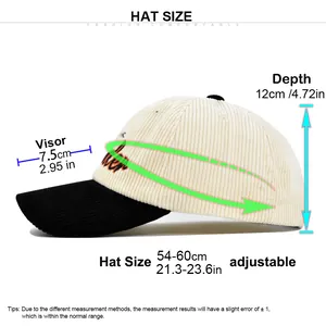 Size chart for corduroy baseball cap showing visor length, depth, and adjustable strap