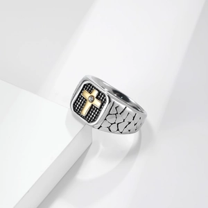 Men's silver and gold stainless steel cross signet ring with center zircon stone